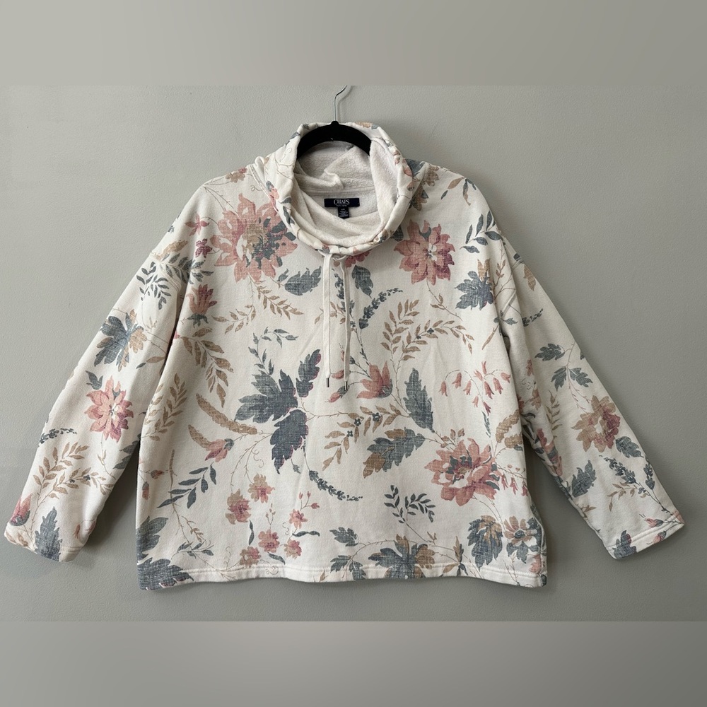 Chaps Floral Cowl Neck Sweatshirt Large Cream Pink Green Pullover